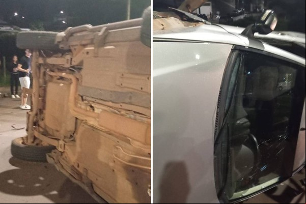 Picape para tombada após bater em dois carros na avenida Padre Almir; motorista fugiu e não foi localizado