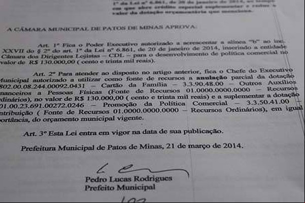Projeto de Lei do prefeito Pedro Lucas doa R$ 130 mil para campanhas da CDL