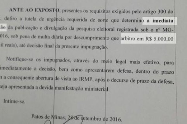 Justiça suspende divulgação de pesquisa eleitoral em Lagoa Formosa; pesquisa não seria de candidato