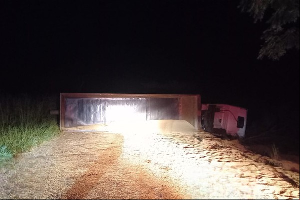 Motorista tenta desviar de gado, carreta com soja tomba e interdita MG 188 por 5 horas